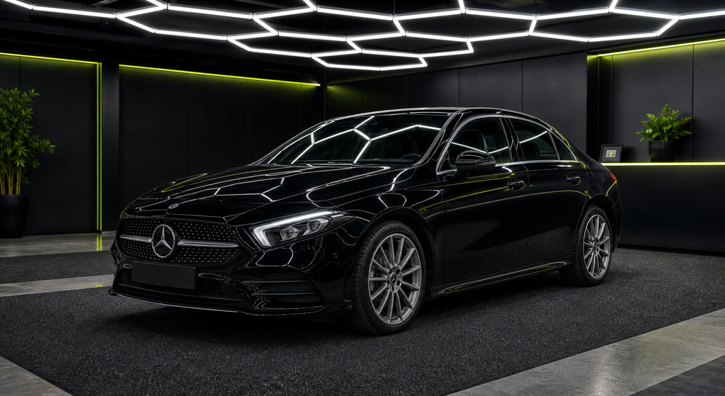 Mercedes Benz A180d Saloon black rental car in the Wrapidautos showroom