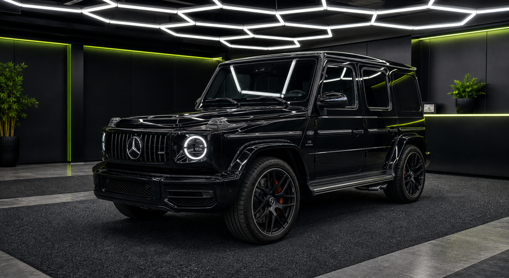 Mercedes Benz G WAGON - 4 MATIC black rental car in the Wrapidautos showroom