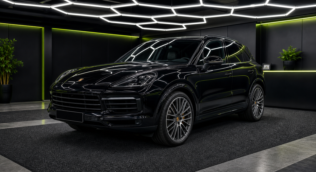 Porsche Cayenne black rental car in the Wrapidautos showroom