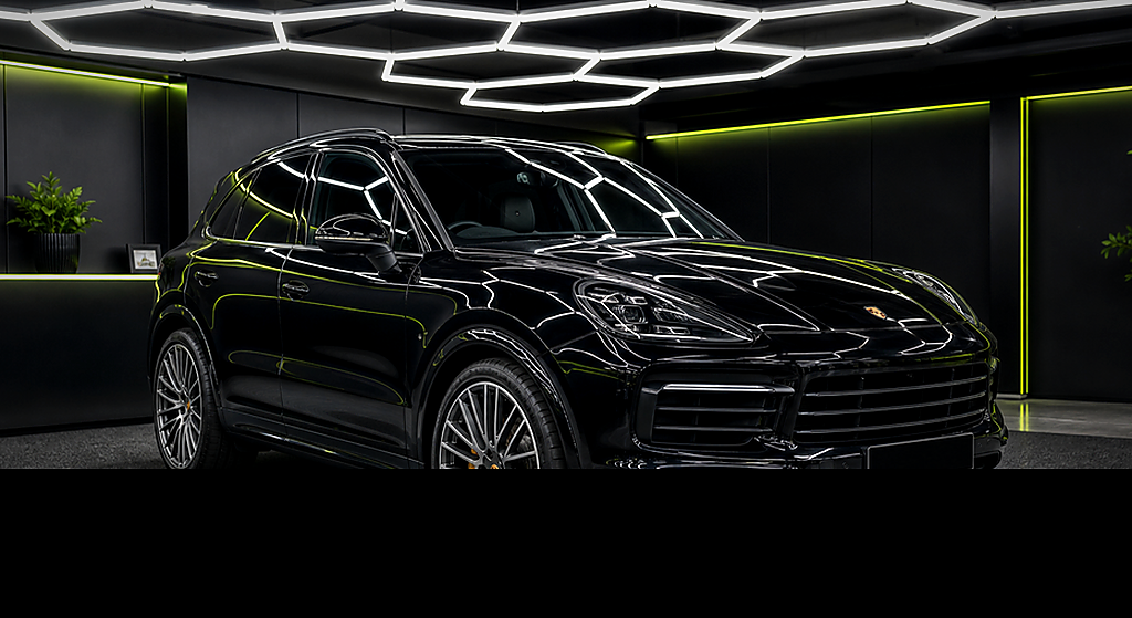 Porsche Cayenne black side angle rental car
