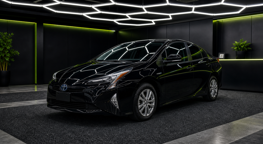 Toyota Prius black rental car in the Wrapidautos showroom