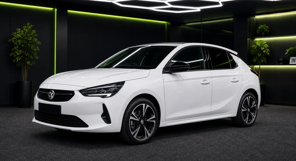 Vauxhall Corsa white side angle rental car
