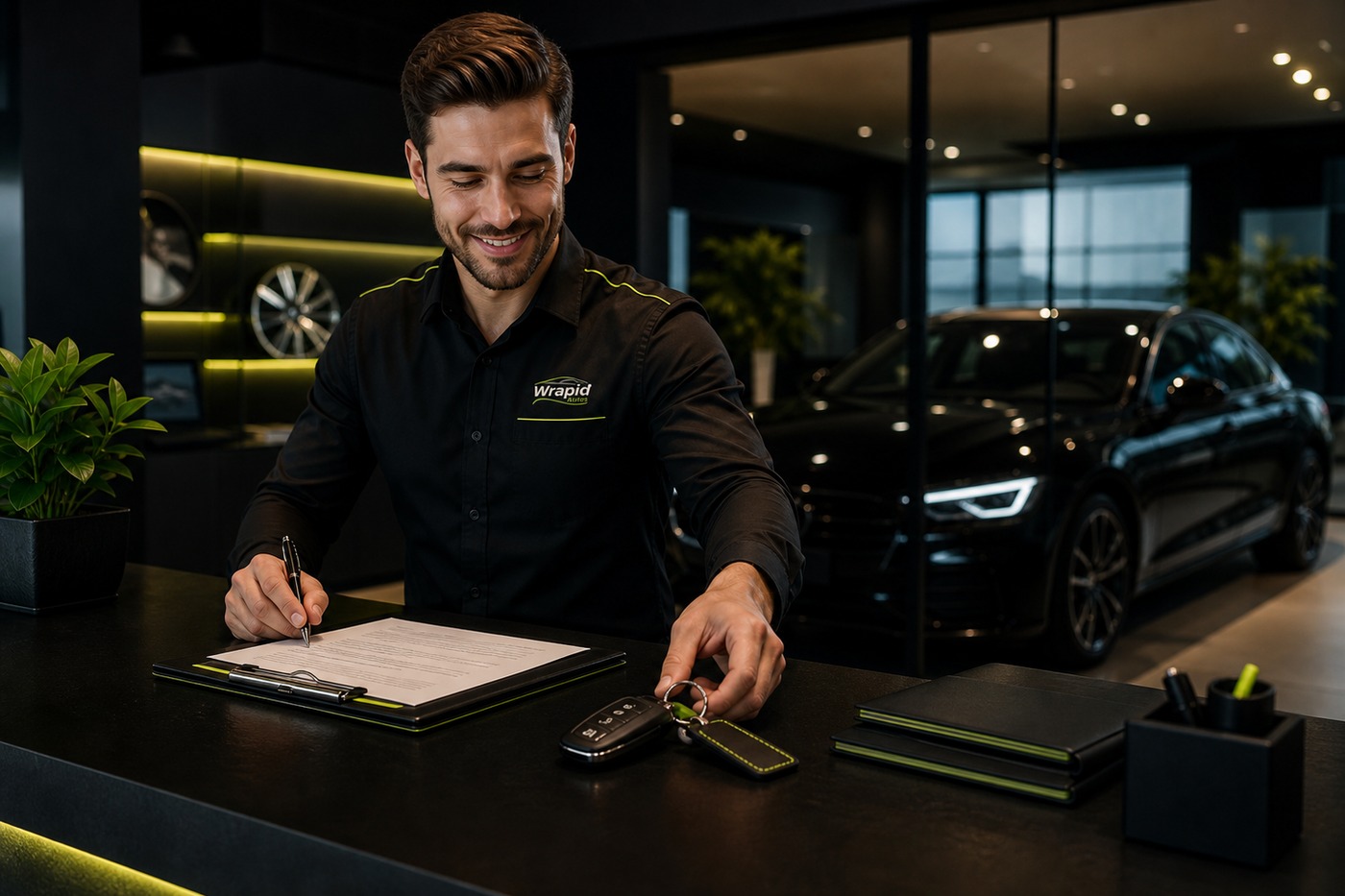 Wrapidautos handover specialist preparing rental keys and documents